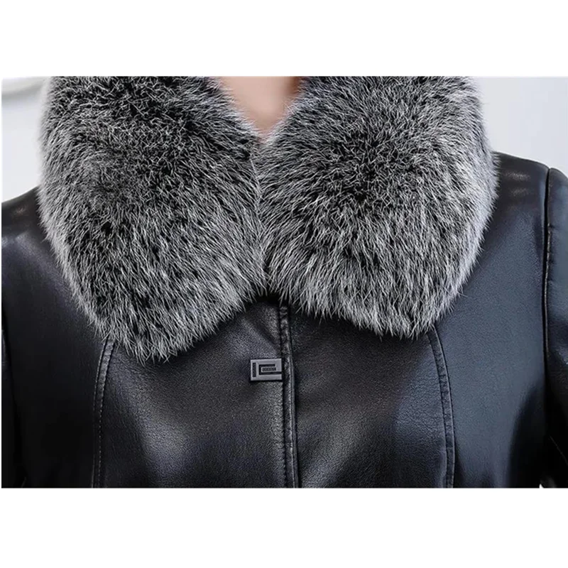 Autumn Winter Long Genuine Leather Jacket Women Fashion Fox Fur Collar Plus Cotton Liner Thick Sheepskin Coat Famale Clothing