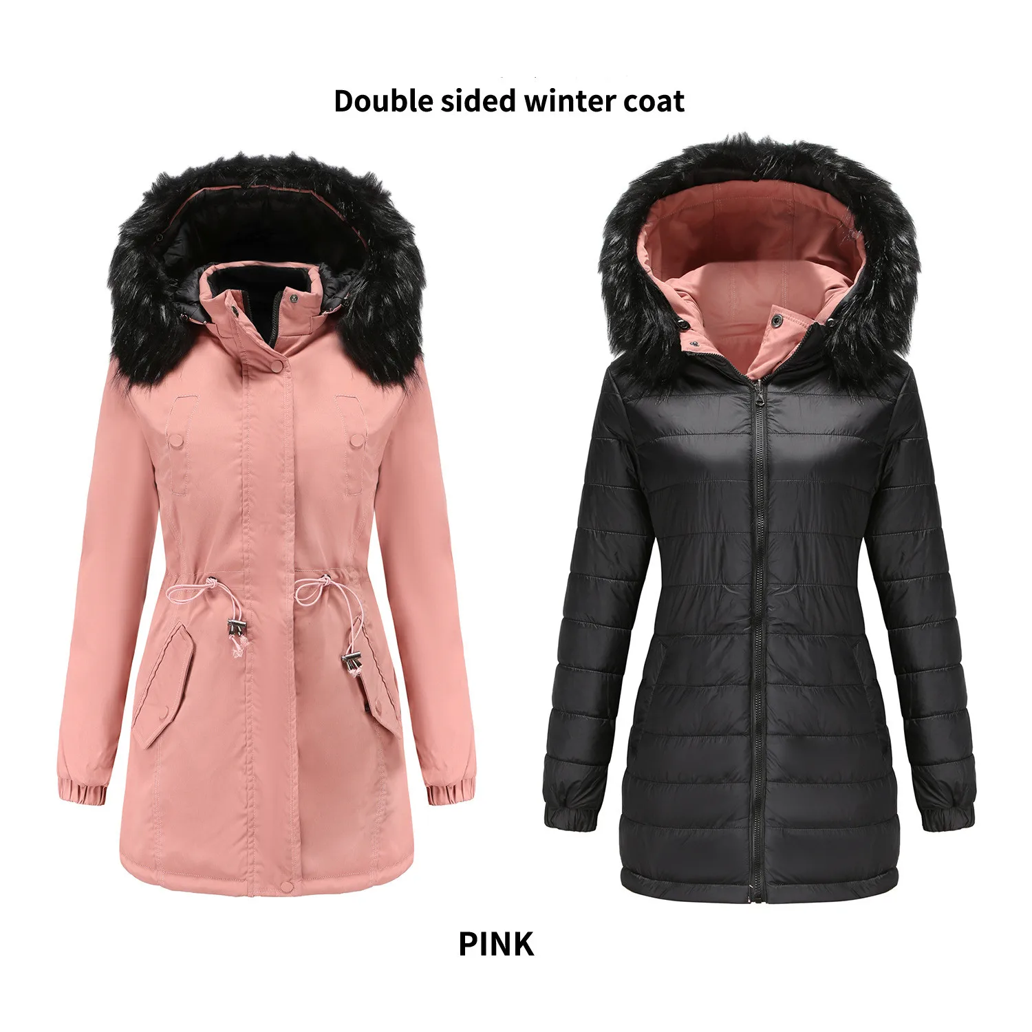 Double-sided Wear Winter Coat Women's Parka Coat Detachable Plush Pluffy Collar Hat Hooded Warm Quilted Coat Jacket Outerwear