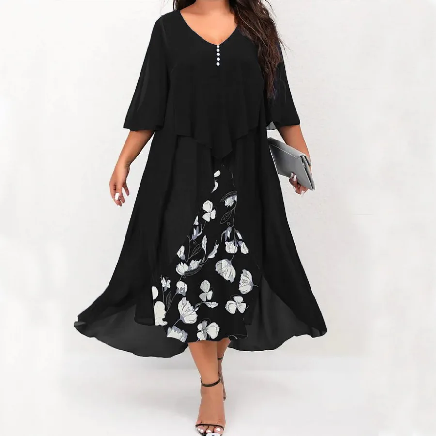 

Women's Dresses Autumn and Winter New Splicing Irregular Middle-sleeved Dresses Fashion Printing Casual Dresses Female