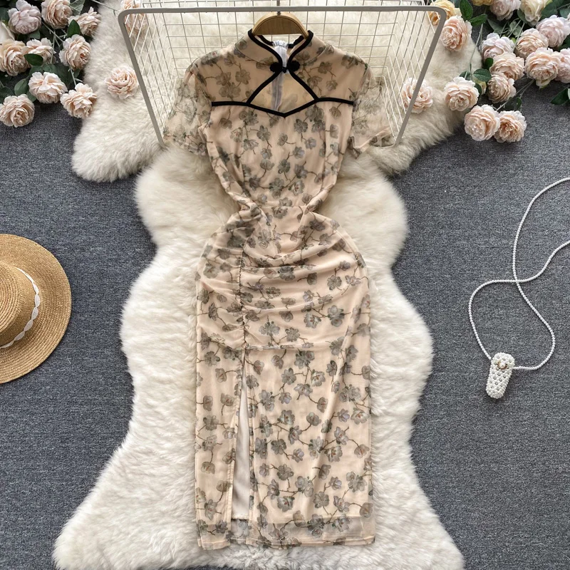 

New Retro Improved Cheongsam Wrap Hip Dress for Women Summer Floral Print Short Sleeve Split Slim Vintage Clothes Vestidos K255