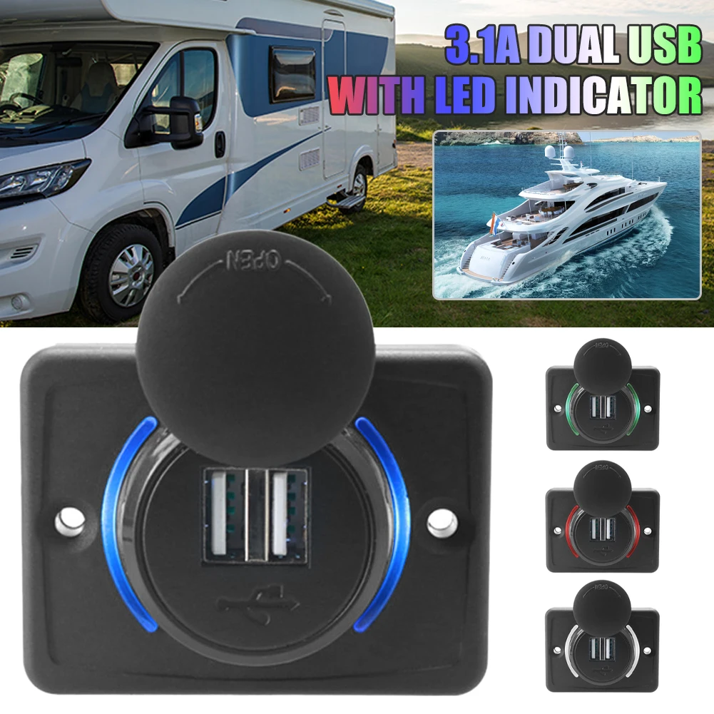 

USB Car Charger Socket 5V/3.1A Dual USB Port Fast Charging with LED Indicator Dustproof Cover for 12V/24V RV Truck Marine Yacht