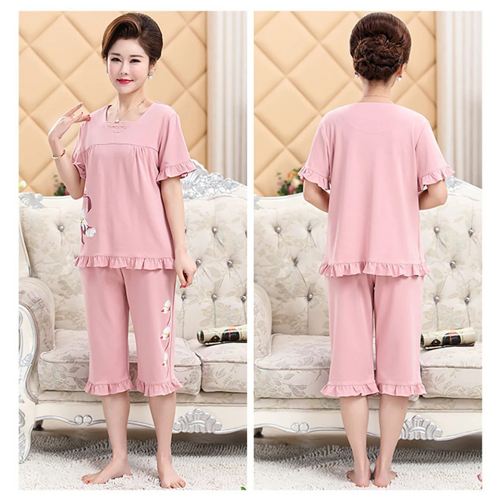 3XL Women's Summer Sleepwear Suit Cotton Soft Pajamas for Women Elegant Floral Print Pyjama pijama feminino Elastic Waist Pants