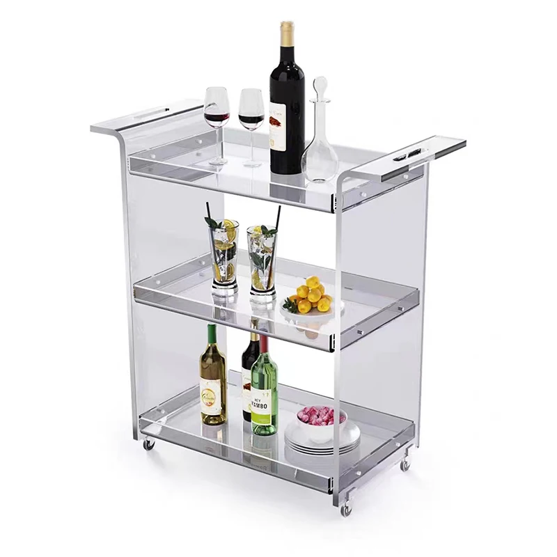 

Customized Clear Acrylic 2-Shelf Rolling Bar Cart Square Lucite Trolley Bar Storage Rack