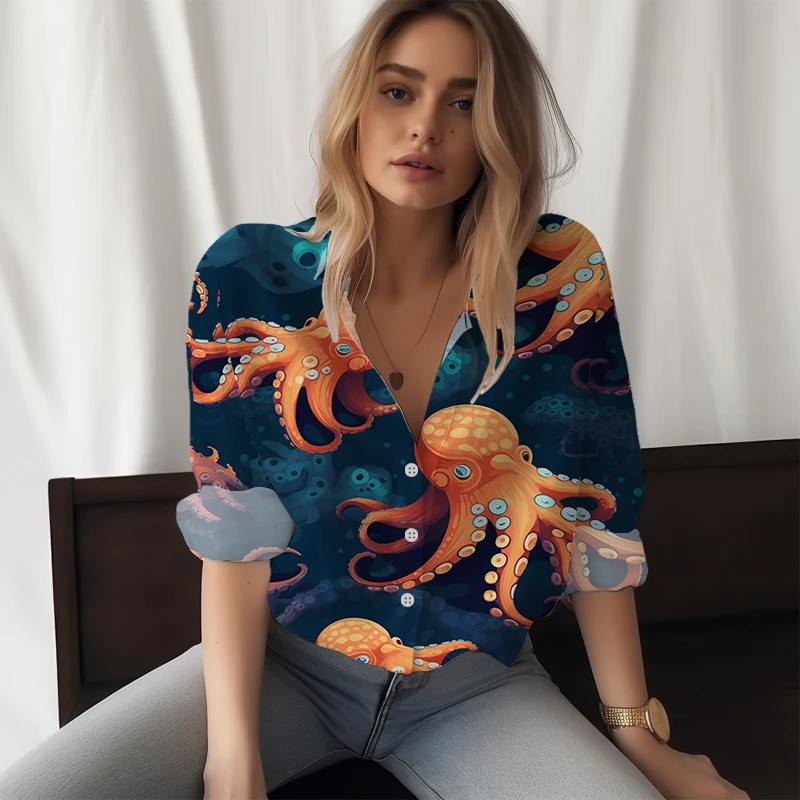 2023 New Ladies Shirt Cute Octopus 3D Printed Lady Shirt Casual Style Women's Shirt Fashion Trend Women's Shirt