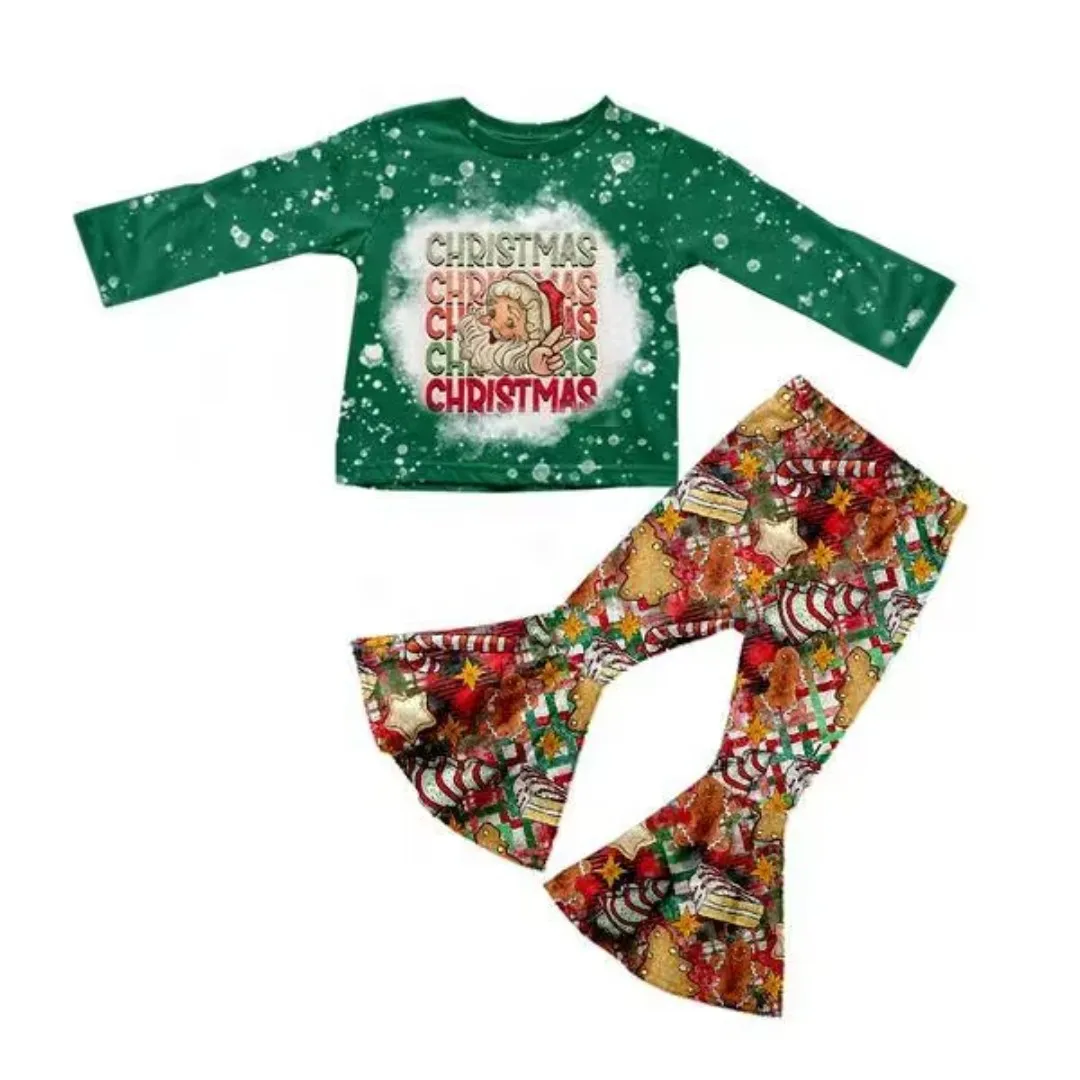 

Christmas Baby Girl Long Sleeve Santa Claus Kids Wear Long Sleeve Top Boutique Pants Gingerbread Cake Print Flared Pants Set