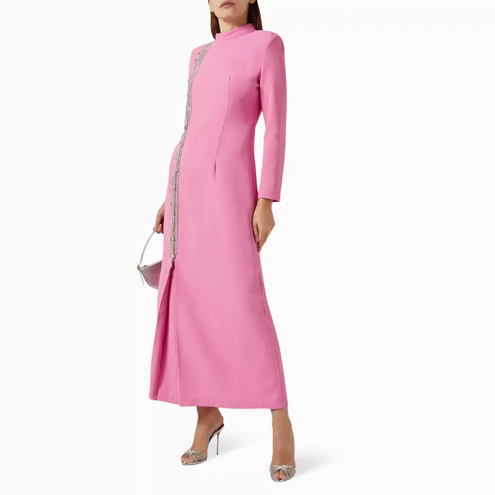 

Muloong Pink Stand Collar Mermaid Maxi Dress Ankle Length Classic Luxury Evening Dress Crystal Saudi Aribia Prom Gown