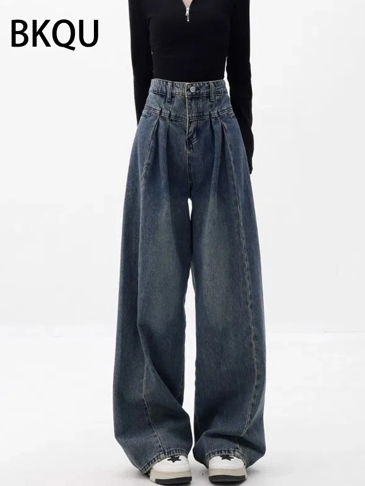 

BKQU женские свободные брюки, свободные джинсовые брюки в стиле ретро с высокой талией и широкими штанинами