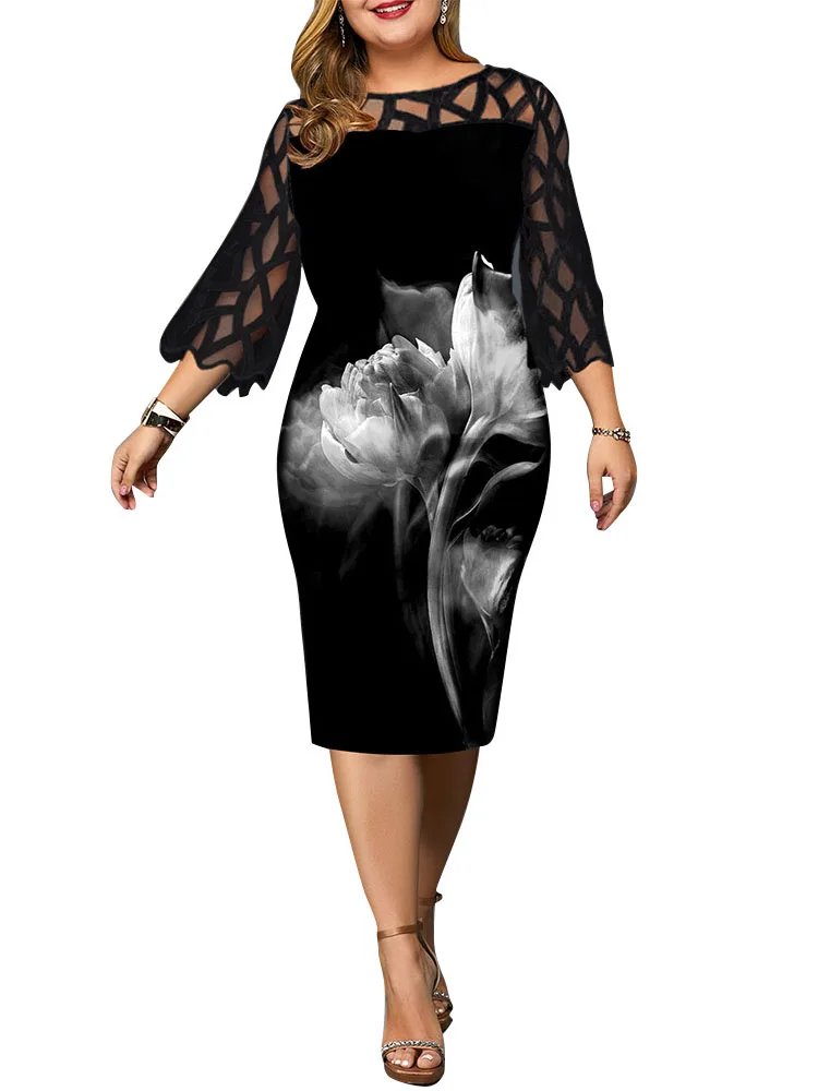 Plus Size Dress 4XL 5XL 6XL Black Lace Mesh Patchwork Flower Print Midi Summer Dresses 2021 Elegant Slim Party Women Clothing