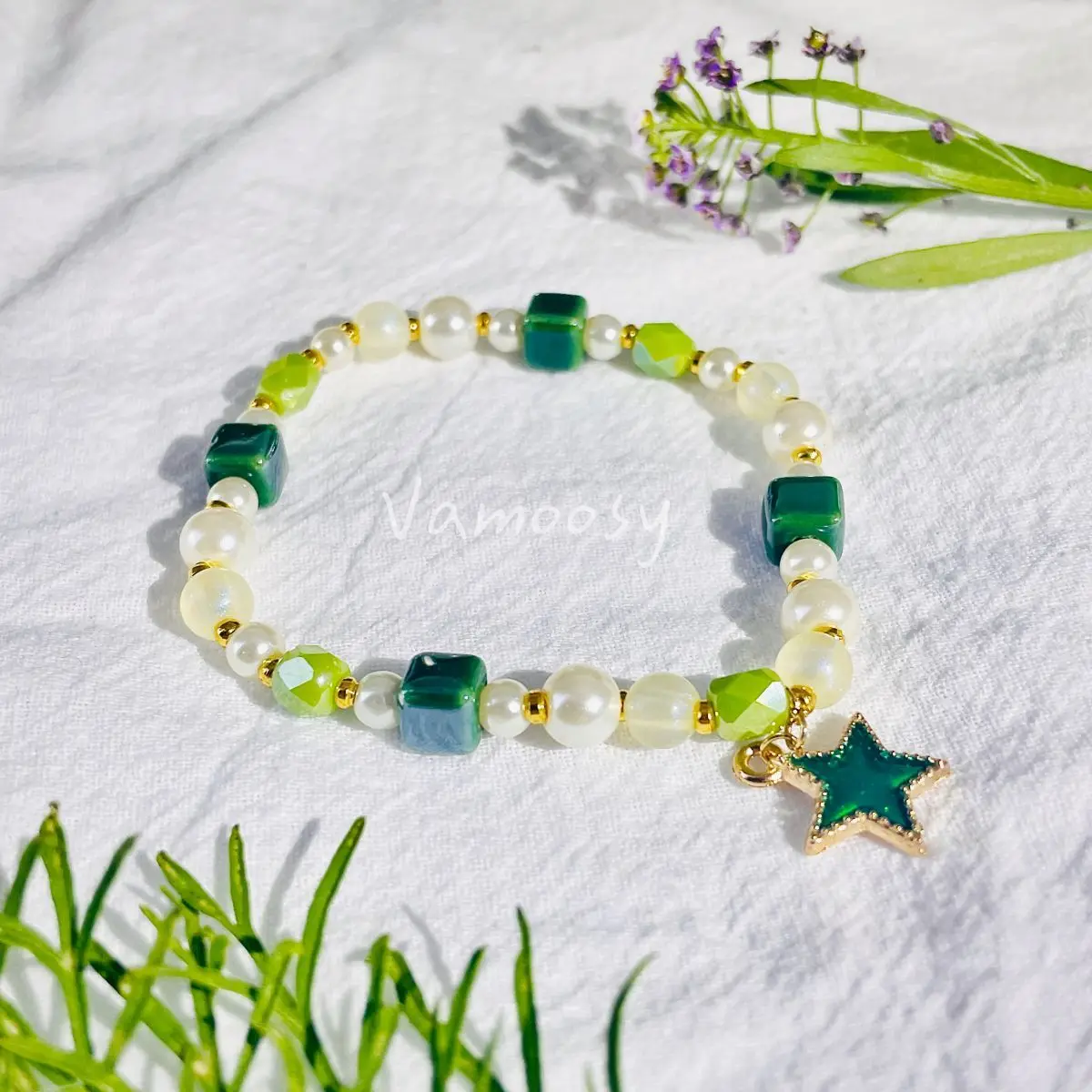 

Korean Sweet Green Ceramic Crystal Beaded Bracelet for Women Bohemian Star Pendant Elastic Hand Jewelry Y2K Accessories Gifts
