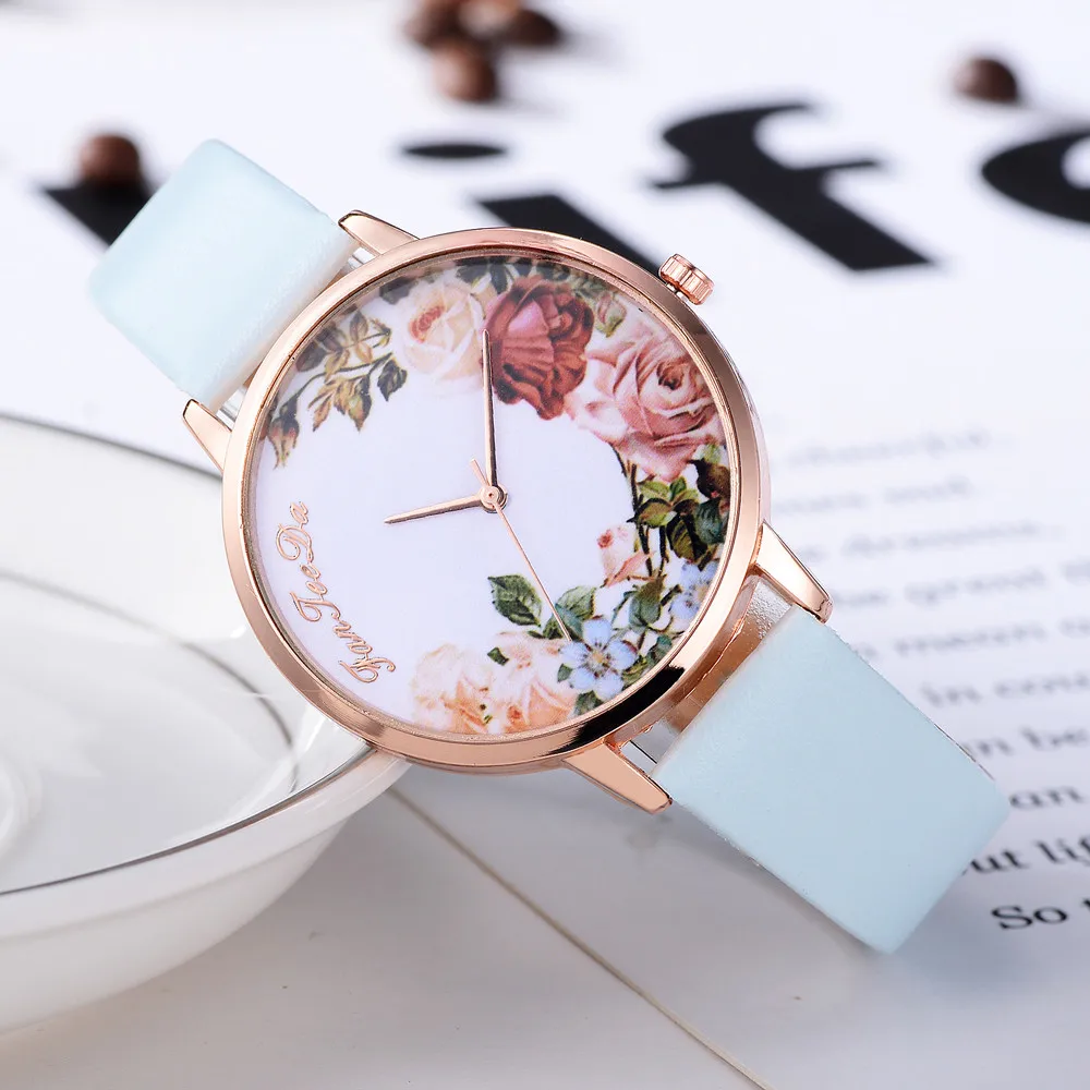 

Rose Pattern Watch For Women Casual Leather Watches Analog Quartz Round Dial Wristwatch Fashion Ladies Watches Reloj