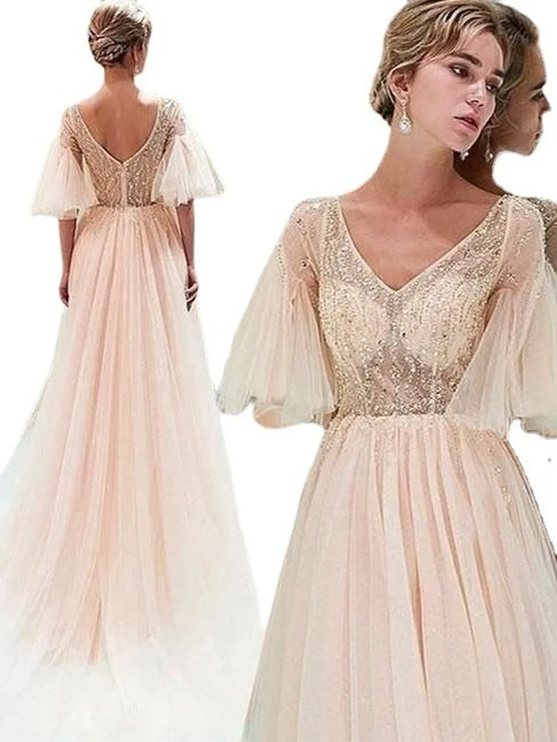 Women's Wedding Party Dresses V-neck Short Sleeve Mesh Banquet Lace Backless Long Skirt Bridesmaid Dress for Women Traf Vestidos