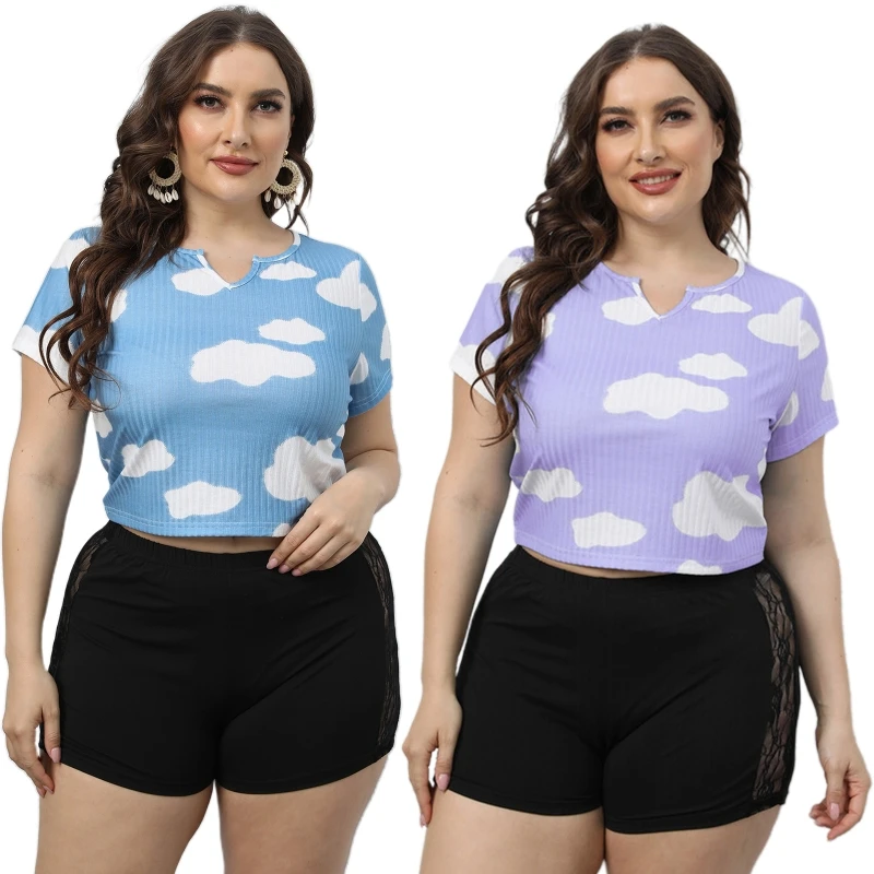 

Women's Casual Summer Crop Top Short Sleeve Crew Neck Tee Cloud Printed Ribbed Blouse T-Shirt Sexy Tees Short Tops