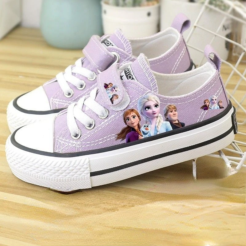 Disney Girls' Shoes Summer Spring Children's Canvas Elsa Princess Shoes Low-top Sneakers Girls' Purple Shoes Size 25-37