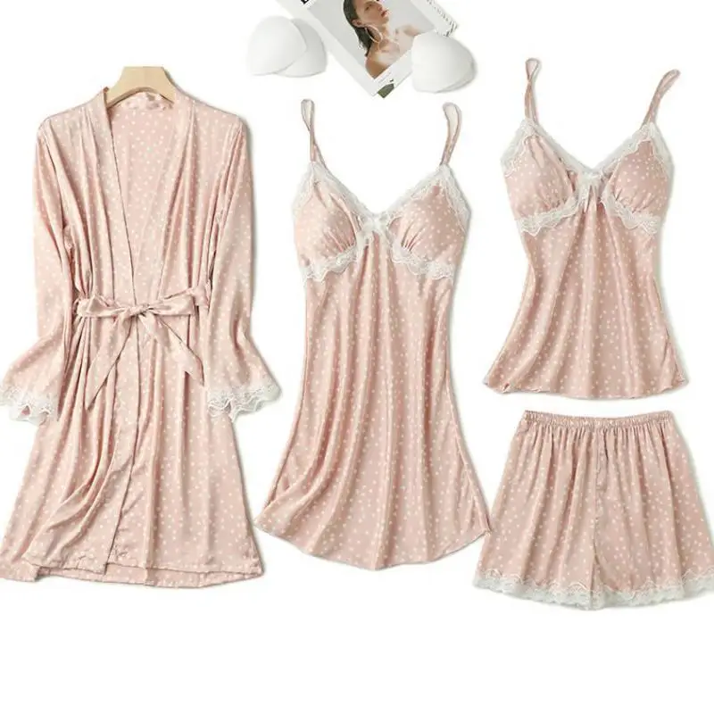

Sexy Lace Trim Female 4 PCS Pajamas Set Lingerie Print Dot Rayon Sleepwear Nightgown Casual Bathrobe Cami Shorts Home Clothes
