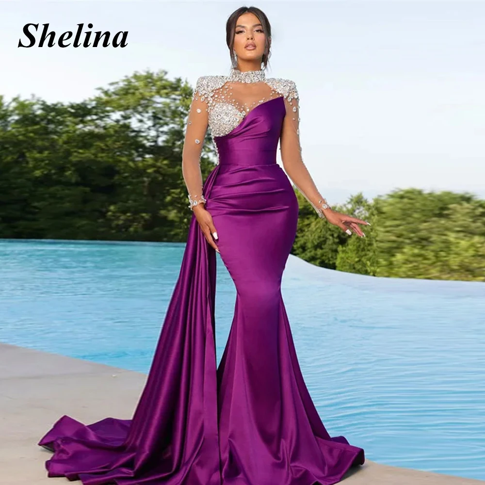 

Shelina Attractive Mermaid Graduation Dress High-Neck Crystal Pleat Long Sleeve Sweep Train Vestidos De Baile Made To Order