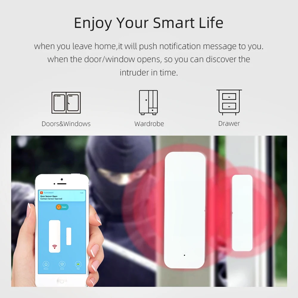 Tuya Smart WiFi Alarm Door Opening Detectors Cell phone APP Remote Alarm Alexa Google Home Smart Life Door Sensor enlarge