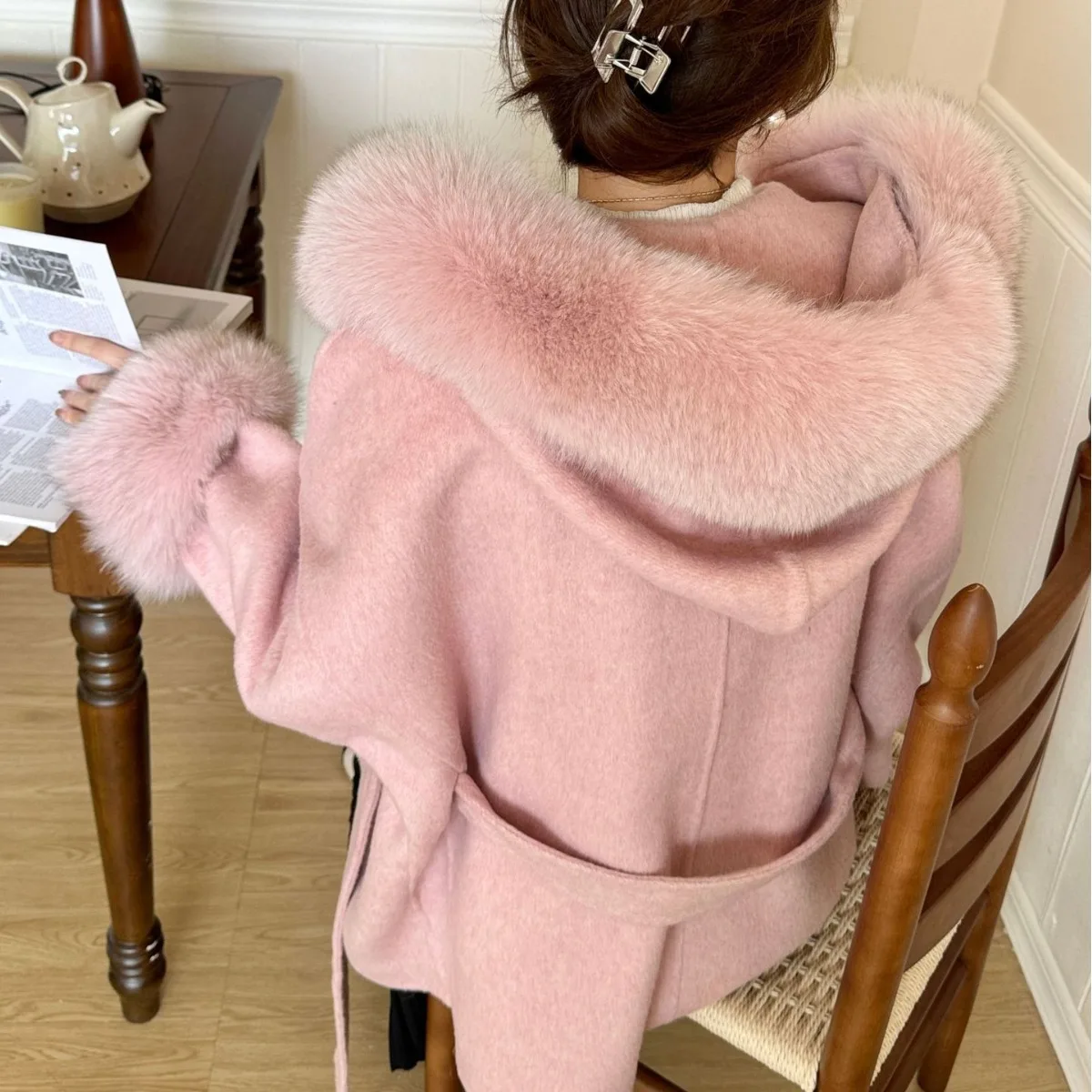 Лисий волос с капюшоном Элитный темперамент Мао шнуровка Двусторонняя шерсть