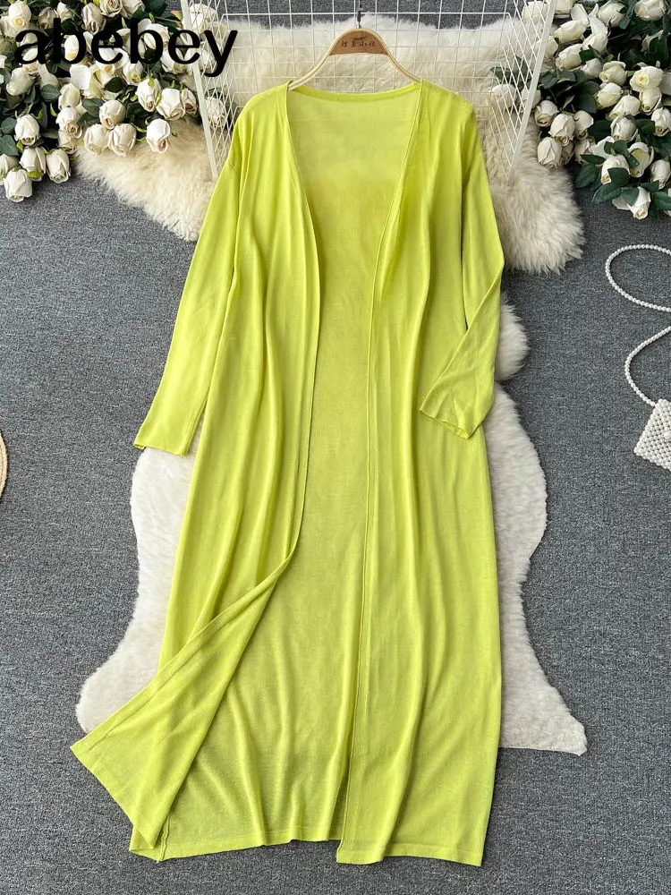 

Summer Hollow Out Loose Cardigans Women Long Sleeves Knitted Sheer Sunscreen Shirt Vacation Lace Up Beach Dress