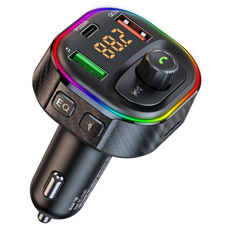 

T86 Car Mp3 Dual USB QC 3.0+PD 20W Fast Charger LED Backlit Bluetooth 5.1 FM Transmitter, Support Handsfree TF U Disk