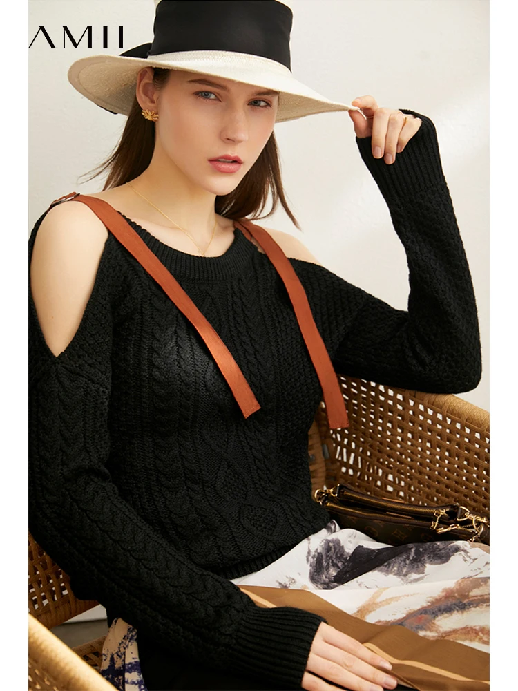 

Amii минимализм зимний свитер для женщин Элегантные вязаные топы без бретелек Свободные женские пуловеры Женская одежда 12170611