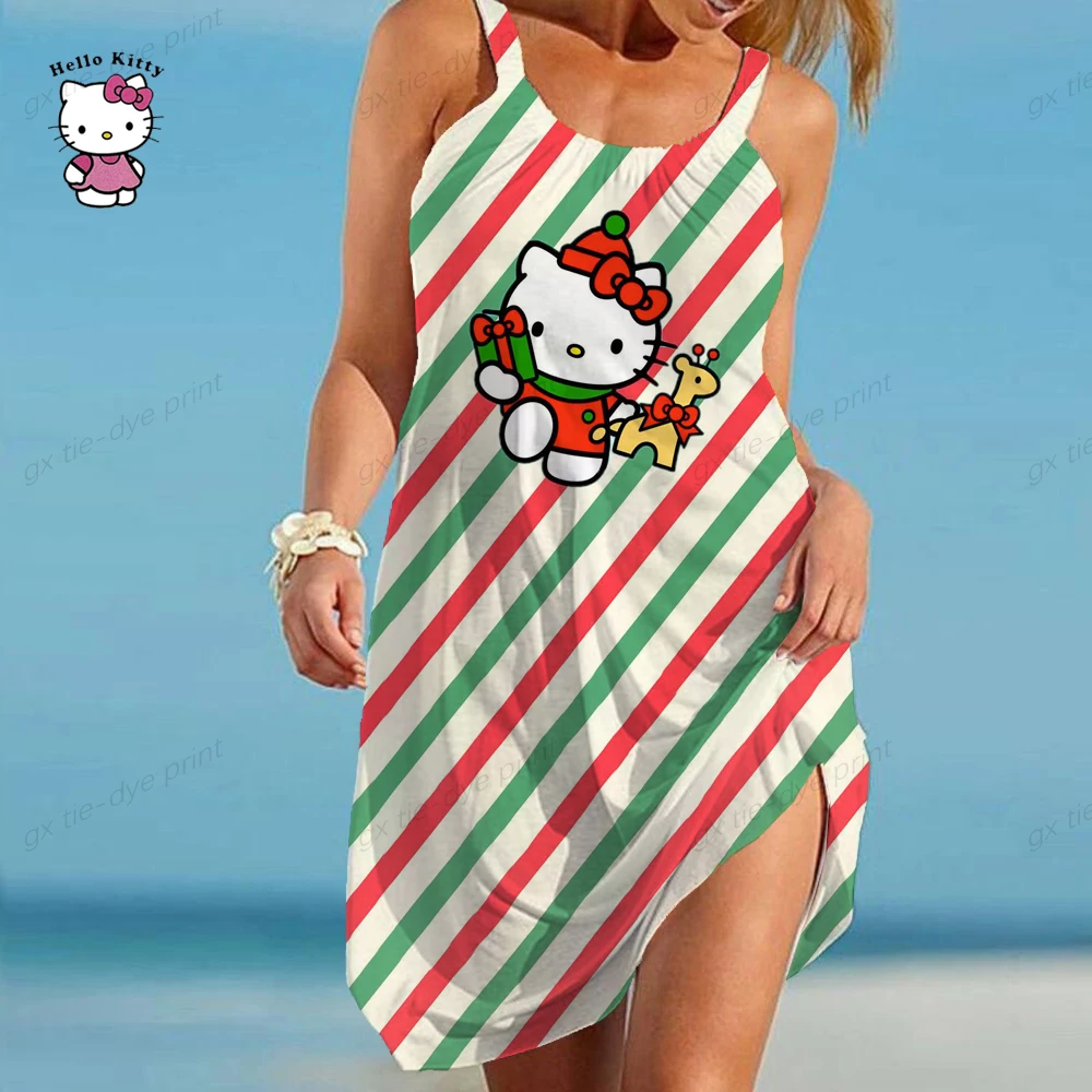 

Женское летнее платье, платья мини без рукавов с круглым вырезом, короткие платья с принтом Hello Kitty, женское летнее Повседневное платье на бретелях