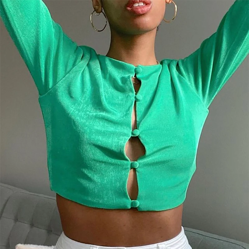 

Y2k Tops Green Orange Double Layers Buttons Casual T Shirt Women Long Sleeve Short Summer Crop Top Shirt 2021 New Party T-shirts