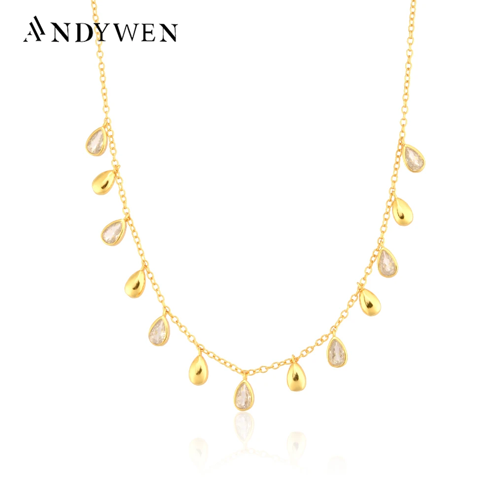 

ANDYWEN 925 Sterling Silver Gold Ovals Zircon Charm Choker 40cm Long Chain Necklace 2021 Luxury Crystal Party Rock Punk Jewels