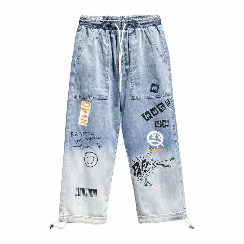 

2023New Korean Version of Jeans Men's Autumn New Letter Print Jeans Men's Trendy Brand Loose Cartoon Graffiti Drawstring