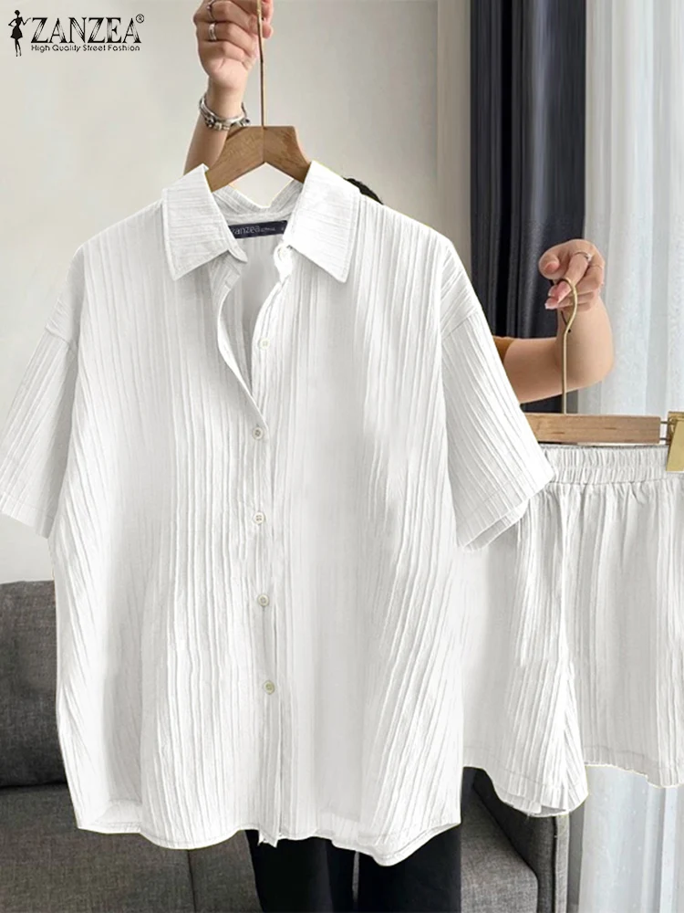 Женский комплект из 2 предметов ZANZEA лето 2024 рубашка с коротким рукавом топ и брюки