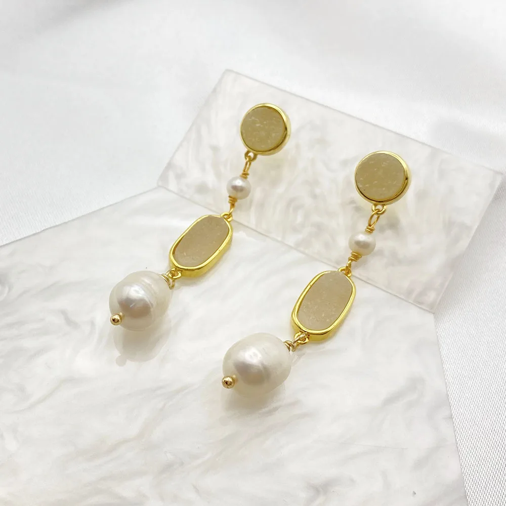 

atural High Quality Freshwater Pearls Light Yellow Quartz Gold Plated Earrings Elegant Gift for Girl Women