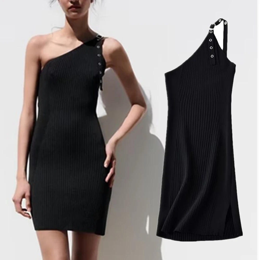 

Jenny&Dave High Street Sexy Asymmetric One Shoulder Dress Fashion Ladies Slit Slim Black Knitted Mini Dress Women