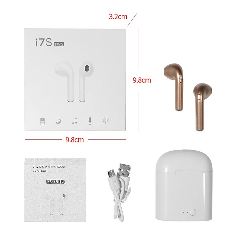 

2021 New I7s TWS Multi-color Bluetooth Headphones Sports Headset Waterproof Earbuds Music Earpieces With USB Charging Cable