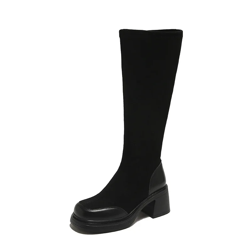 

Черные длинные чулки, ботинки, женская обувь, новый стиль, Осень-зима, плюшевые теплые ботинки челси на толстом каблуке, ботинки на платформе с квадратным носком