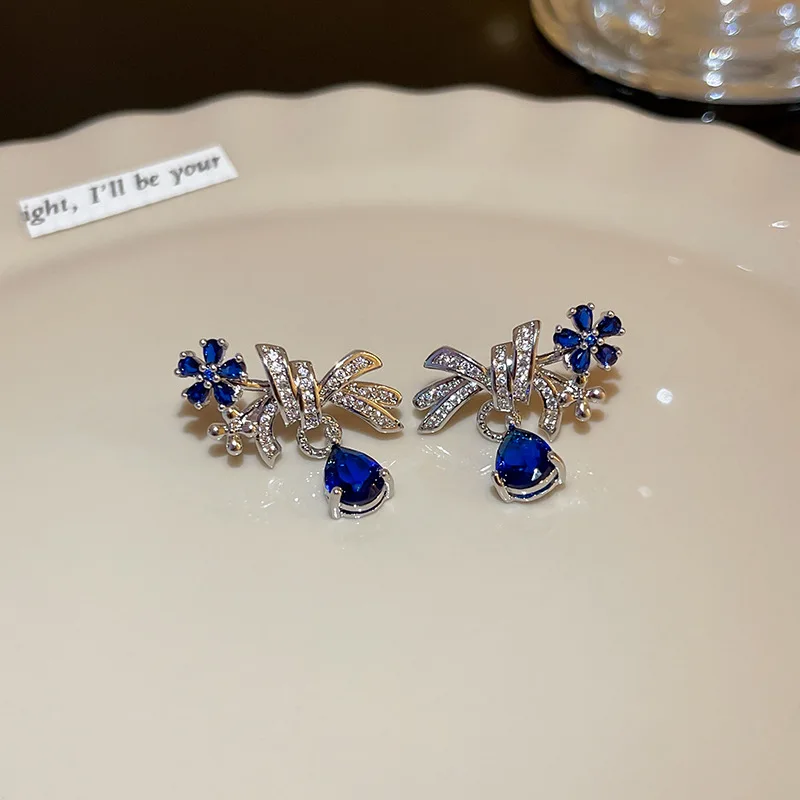

Silver Needle Knotted Zircon Flower Drop Earrings Korean Ins Style Fashion Niche Versatile Female