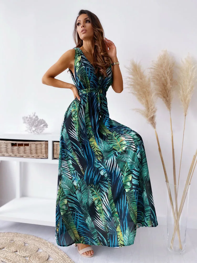 

Summer Female Floarl Print Maple Leaf Maxi Dress Sexy V-Neck Backless Strappy Dress 2022 Woman Boho Party Beach Bodycon Dresses