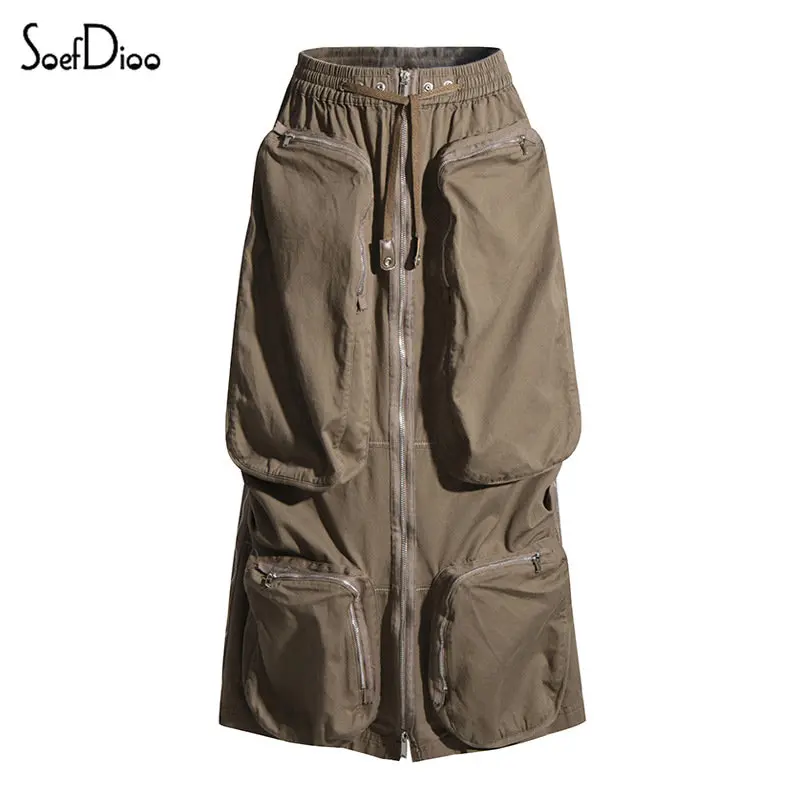 

Soefdioo Brown Multi Pockets Zipper Long Skirts for Women Clothing 2022 Fashion High Wasit Maxi Skirt Female Bottoms Streetwear