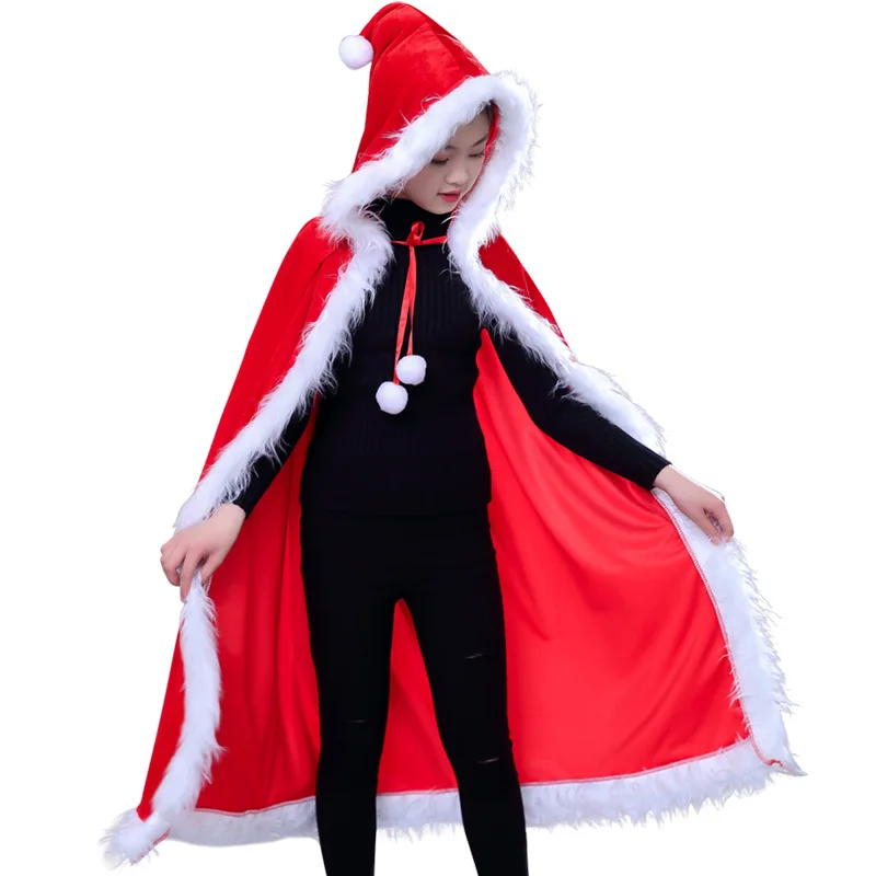 

Детский красный бархатный длинный плащ с капюшоном, халат, Рождественский плюшевый Санта-Клаус, открытая передняя крышка, Рождественский п...