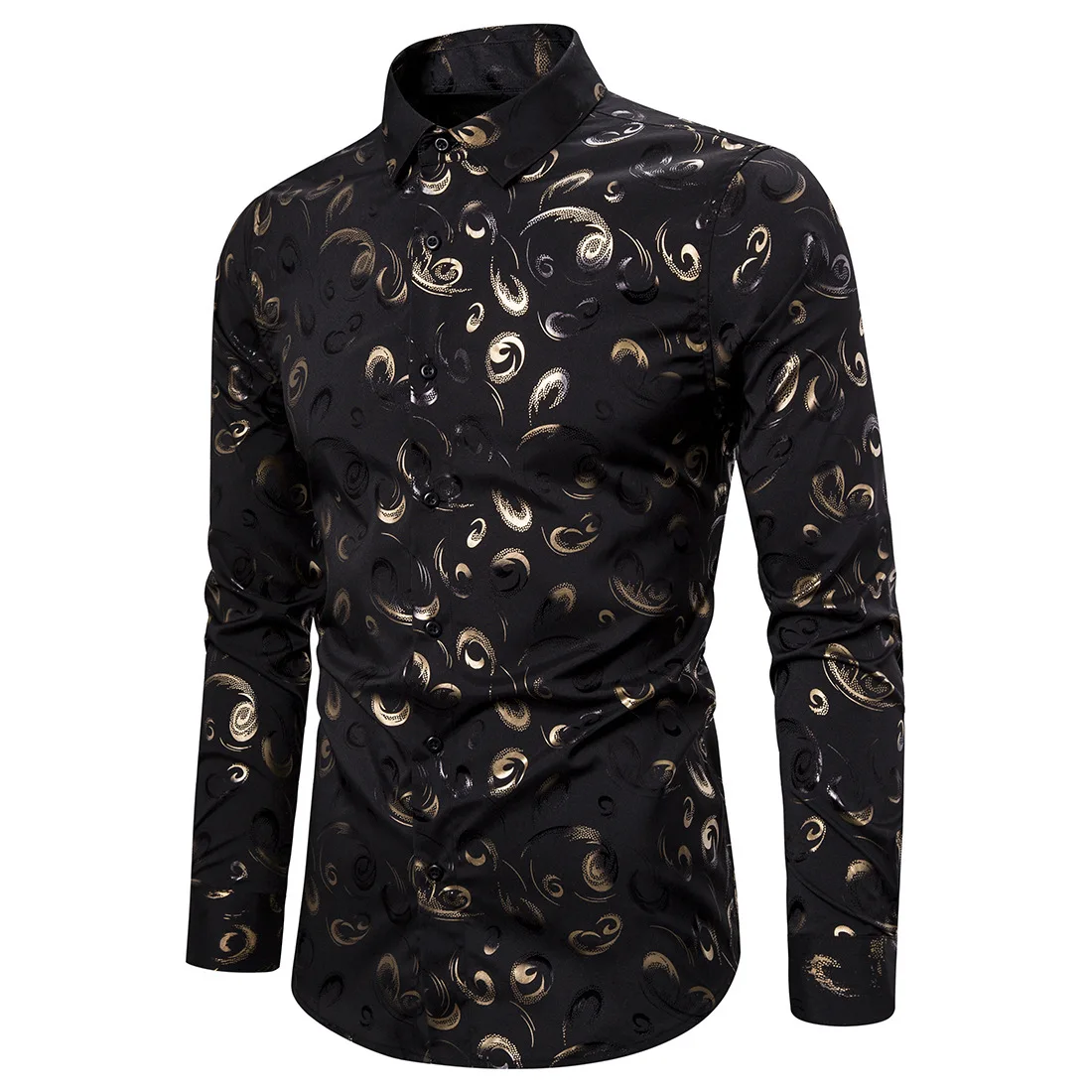 Mattswag Brand New Mens Black Gold Printed Shirts Spring Autumn Long Sleeve Elasticity Shirts Casual Slim Fit Fashion Camisa 2XL