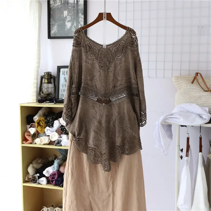 Женская Асимметричная туника из хлопка и льна Повседневная Свободная однотонная