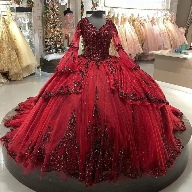 

Red Princess Quinceanera Dresses V-Neck Illusion Long Sleeve Beaded Sparkly Lace-up Corset Puffy skirt vesridos de 15 años