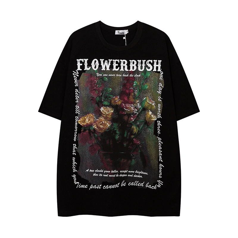 

Flower Letter Painted Retro Summer T Shirt for Men and Women Short Sleeve Oversized Cotton Tees Loose Casual O Neck Tshirts