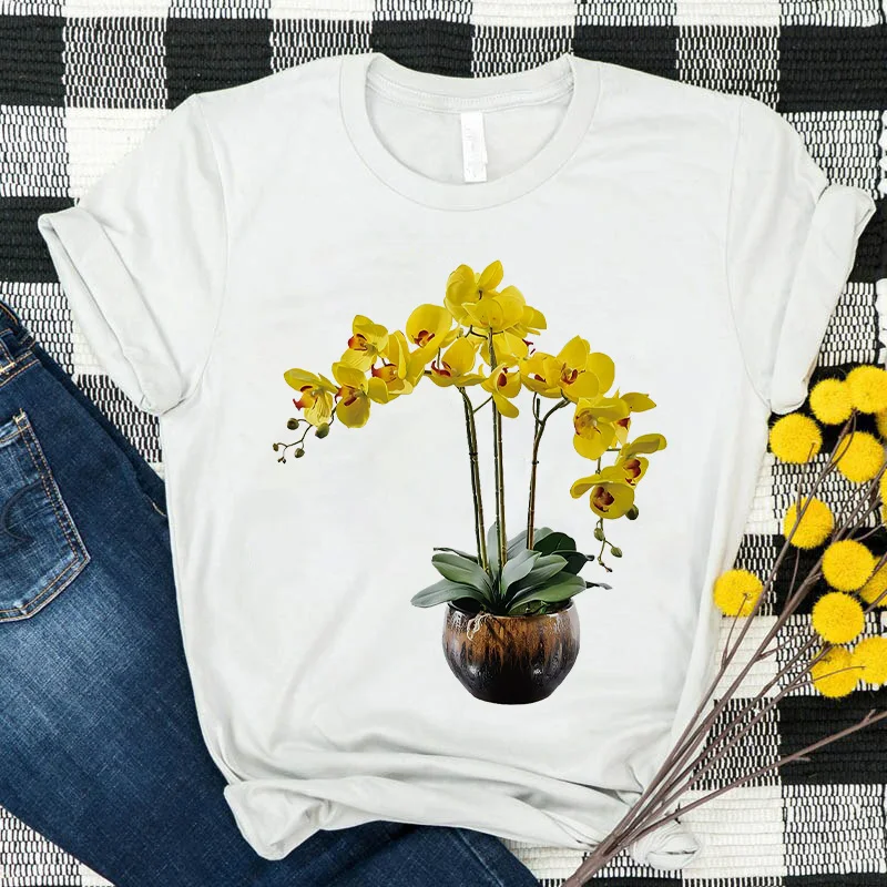 

Yellow Flower Printed T-shirt Women Loose Summer Funny female Tshirt Cute Tops 90s Streetwear Kawaii T Shirt for Lady Clothing