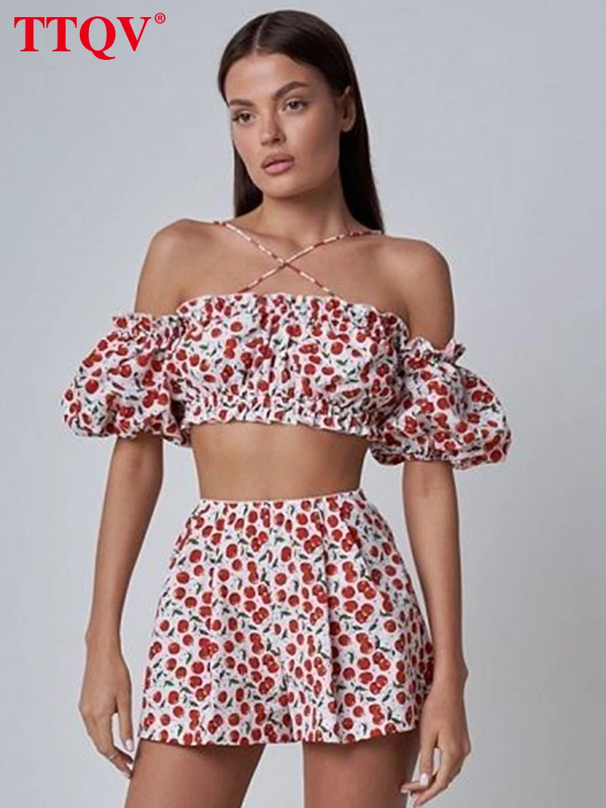 

TTQV Summer White Print Tops Shorts Set Casual Spaghetti Strap Slim Crop Tops And High Waisted Shorts 2 Piece Sets Women Outfit