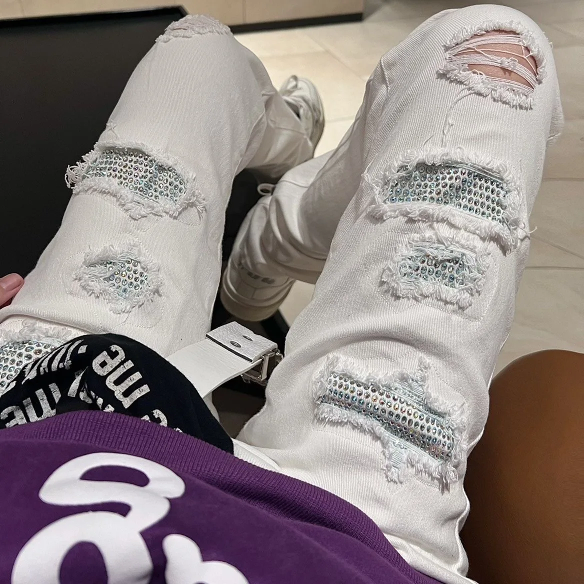 High Street Style Blue Diamond Jeans Red Diamond Speckled Ink Perforated Jeans High Elastic Slim Fit