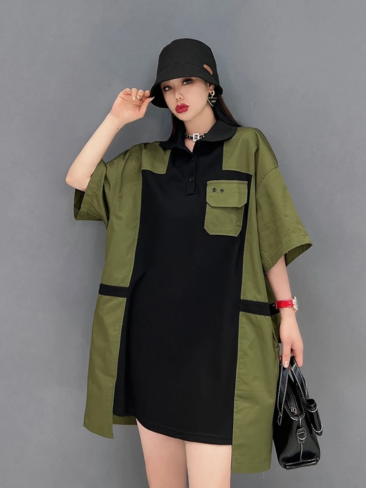 

SHENGPALAE Short Sleeve Big Size Green Robe Patchwork Shirt Dress Korea Casual Fashionable Clothing Summer 2022 5Q5506