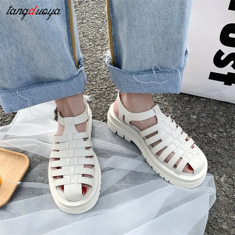 

black white Women's Sandals Fashion platform Sandals Retro British Style Buckle Strap Design Internet Celebrity Muffin Shoes