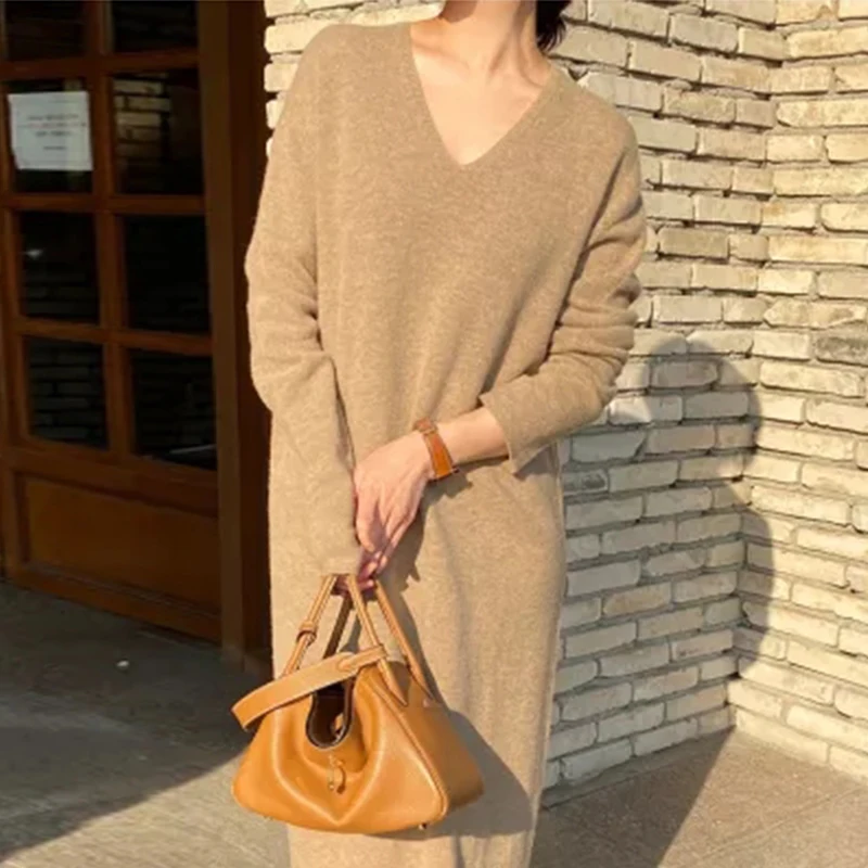 

Новое Элегантное длинное кашемировое платье с V-образным вырезом, женское осенне-зимнее вязаное свободное платье 2022, теплое серое шерстяное...