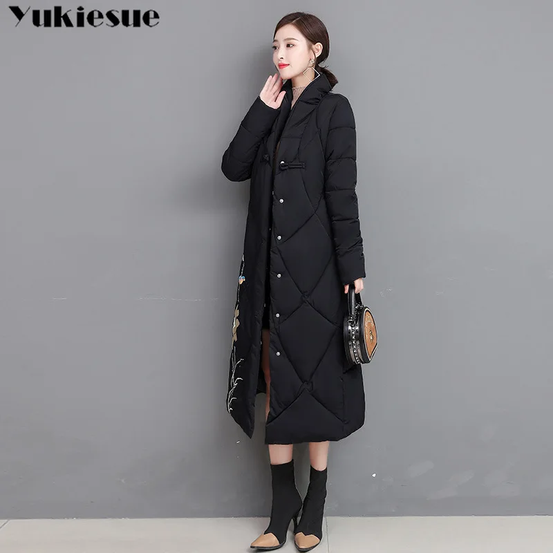 embroidery clothes Women Parkas Winter Hooded Warm Coat Slim Cotton Padded Basic Jacket Female Casual long Outwear feminina