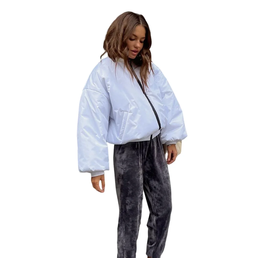 Personality Jacket Autumn and Winter New Hundred Collision Color Standing Collar Simple Cotton Clothing Female Short Paragraph