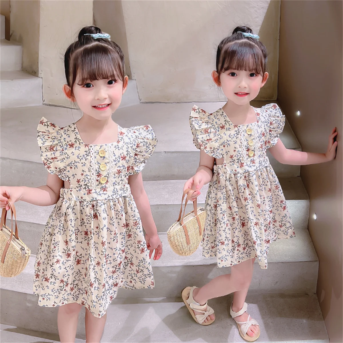 

Girls' Dress Summer Ladies' Rural Style Small Fragmented Flowers Flying Sleeves Cotton Daily Dress Bohemian Beach Sleeveless